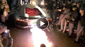 This Lamborghini Aventador is literally ON FIRE, HUGE FLAMES!